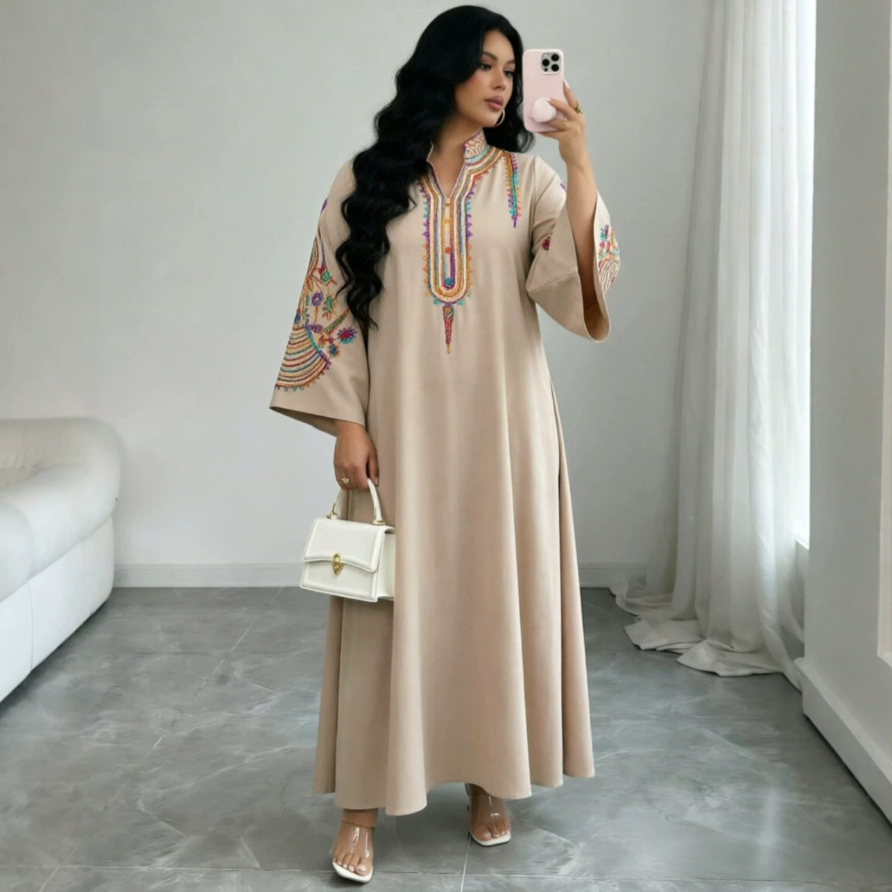 Bohemian Embroidered Maxi Dress Loose Fit Plus Size Rope Embroidery Casual Wear for Women Wholesale Available