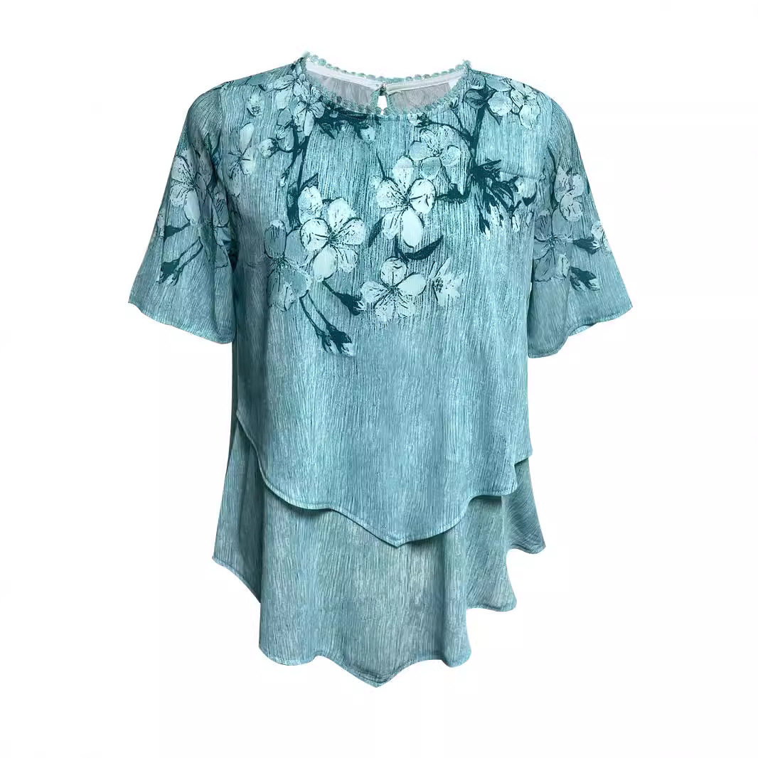 Floral Print Layered Short Sleeve Top Irregular Hem Round Neck Summer Style Wholesale Availability