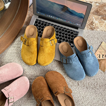 Cross-Border Export Large Size Belt Buckle Toe Slippers for Women 2025 Spring Flats Roman Half Slippers Slip-On Slip-Ons