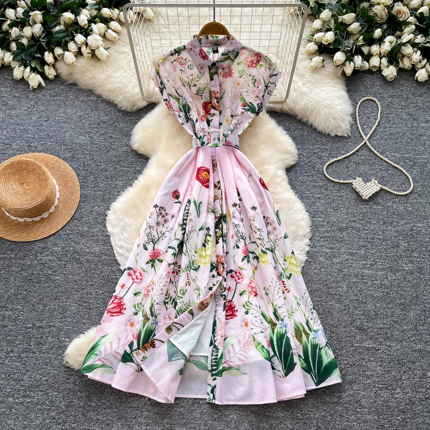 French Vacation Style Floral Print Sleeveless Maxi Dress Lightweight Waist Defining Flattering Fit Summer Elegance
