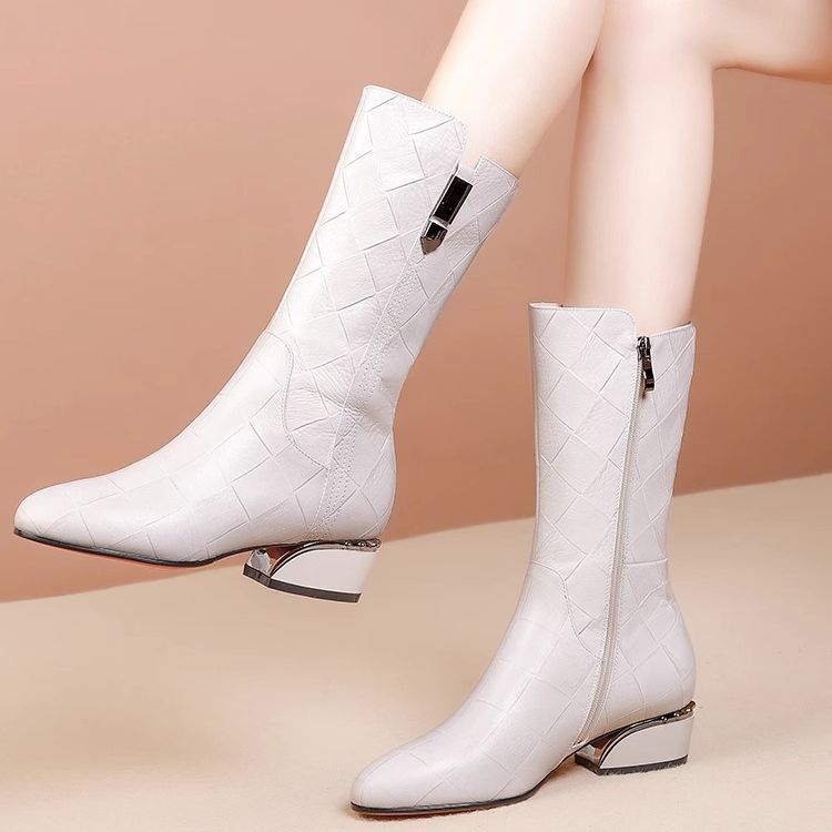 Boot nữ cổ vừa gót thô mũi nhọn chất liệu PU phong cách thường ngày — Màu đen, Màu đỏ, Màu trắng