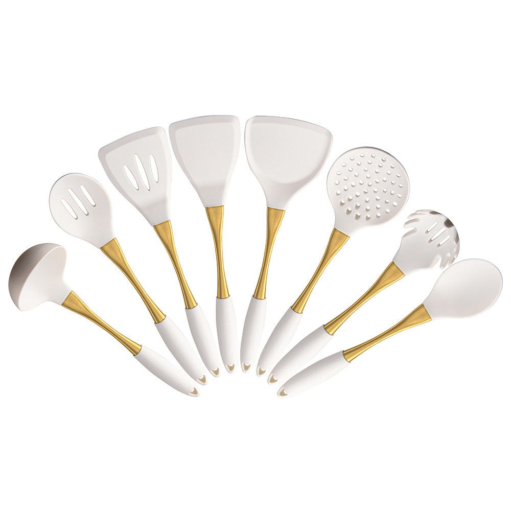 Cross-Border gold-plated handle silicone kitchenware 304 stainless steel silicone kitchenware 8-piece kitchen cooking spatula tool