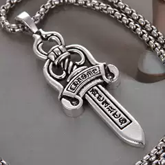 Vintage Silver Croixing Big Sword Pendant Men's Punk All-match Pearl Necklace Long Round Box Chain Women's Necklace Friends