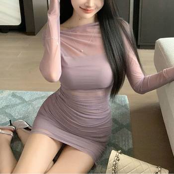 [Cross-Border Wholesale] Sexy Purple One-Shoulder Long-Sleeved Mesh Top Summer Pure Lust Tight Hip-Hugging Short Skirt Two-Piece Set