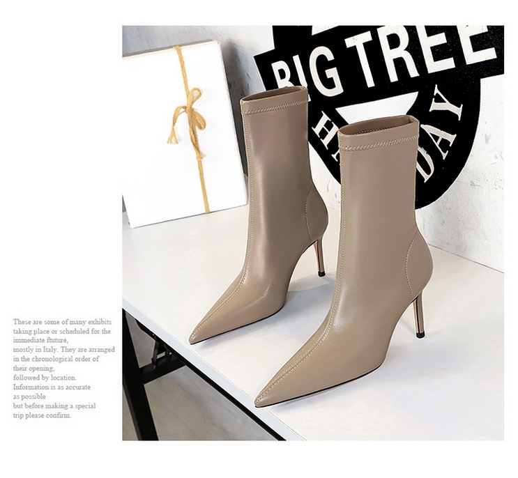 Boot nữ cổ thấp mũi nhọn gót nhọn cao 7.5cm phong cách thanh lịch — Màu đen lót một lớp, Màu đen lót nhung, Màu Kaki lót nhung, Màu Kaki một lớp lót trong