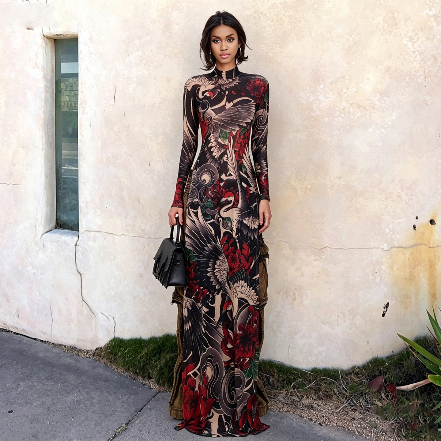Fashionable Womens Long Sleeve Top Semi High Neck Animal Print High Slit Design Spring Collection Wholesale