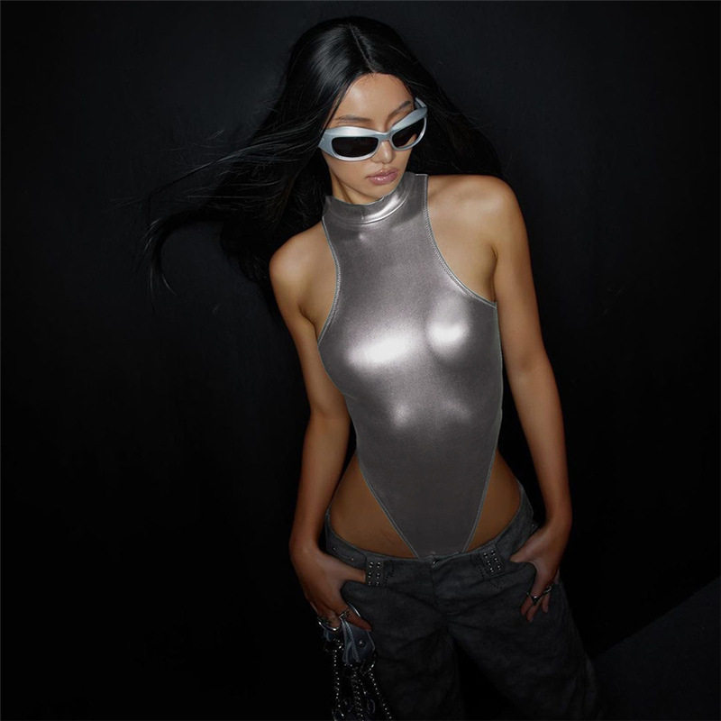 Womens Reflective Sleeveless Bodysuit Trendy Bright Colors Stand Up Collar Bodycon Fit Nightclub Fashion Wholesale
