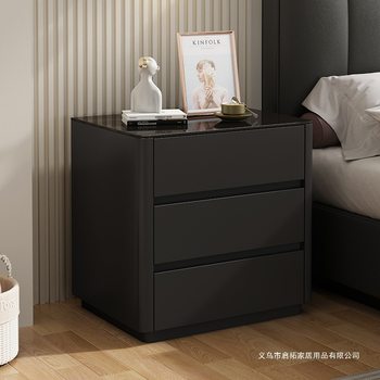All Solid Wood Black Paint Three-Drawer Slate Bedside Table Drawer Cabinet Light Luxury Solid Wood Bedside Cabinet High-End Storage Cabinet