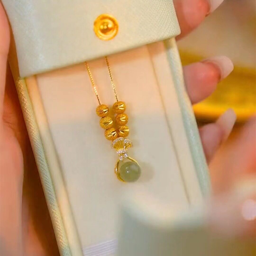 Net red gold money bag pendant green jade Ruyi necklace pull adjustable Universal chain exquisite clavicle chain