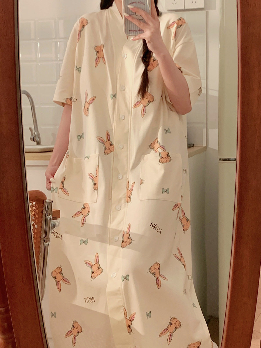 Breastfeeding Dress Summer Cotton with Chest Pad Postpartum Maternity Short-sleeved Nightgown Pregnant Women's Nightgown Pregnant Women's Nightgown