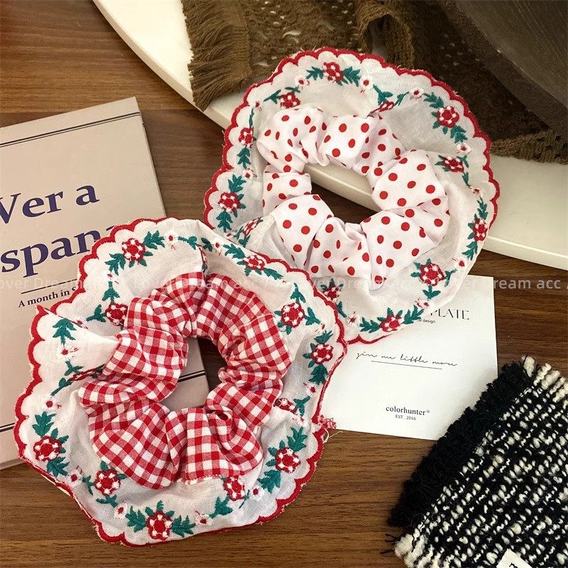 Cherry Red Plaid Lace Large Intestine Hair Ring Girl's Ball Hair Rope Floral Polka Dot Fabric Rubber Band Does Not Hurt the Hair