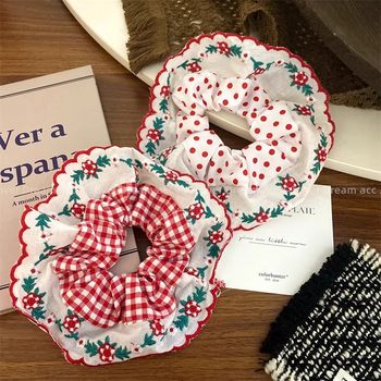 Cherry Red Plaid Lace Large Intestine Hair Ring Girl's Ball Hair Rope Floral Polka Dot Fabric Rubber Band Does Not Hurt the Hair