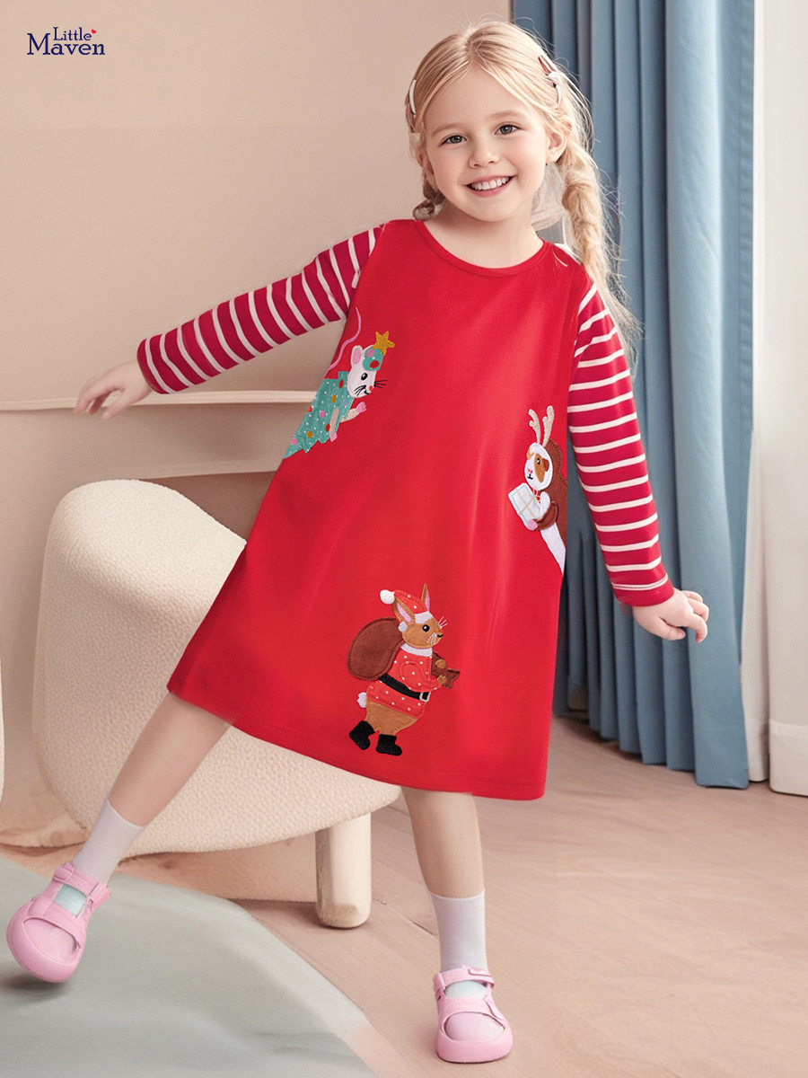[Style] Kids' Dress, Cartoon Autumn Girls' Dress, Striped Long-sleeve Kids' Skirt