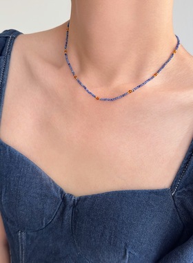 天然石蓝纹石镀18K金锁骨链