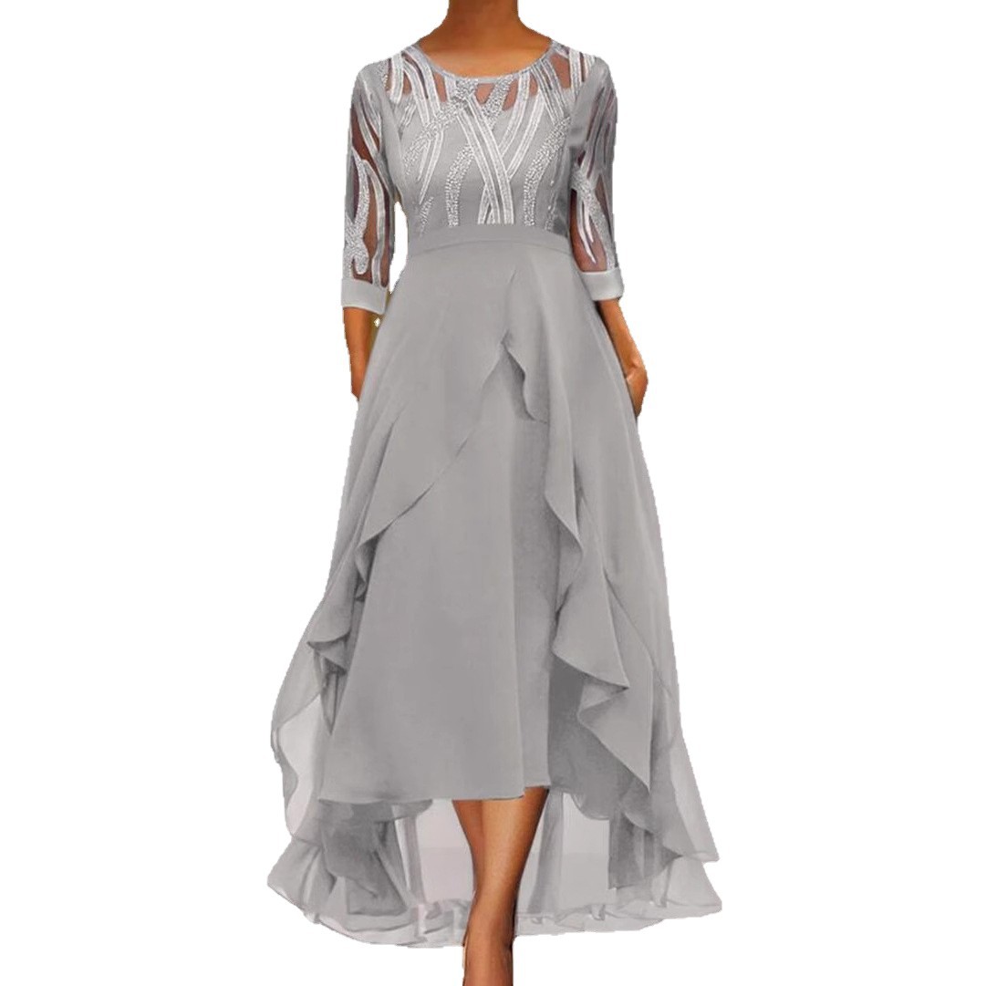 Chiffon Midi Dress with Lace Inserts and Round Neckline for Fall Winter Events Available in Gray and Blue Wholesale