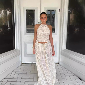 2024 Summer New European and American Cross-border Sexy Backless Neck Foreign Trade Pleated Lace Vest Dress Set