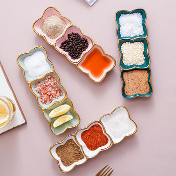 Ceramic three-compartment dish small dish dish flavor dish dipping dish divided compartment vinegar dish dish hot pot barbecue seasoning dish tableware