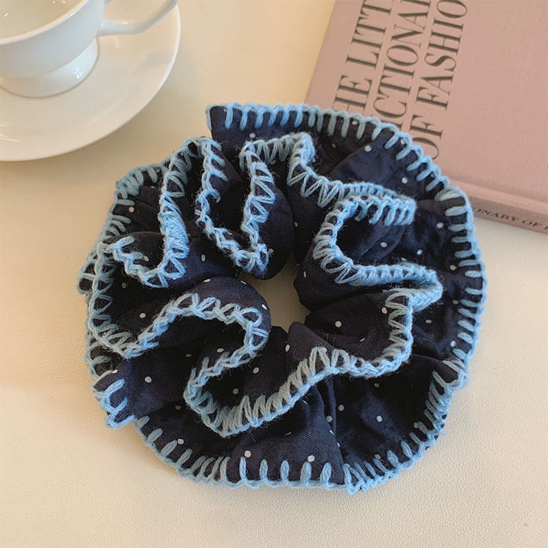 Navy Blue Polka Dot Stitching Lace Double-Layered Hair Tie for Women Korean Style Hair Tie Ball Hair Rope Headband