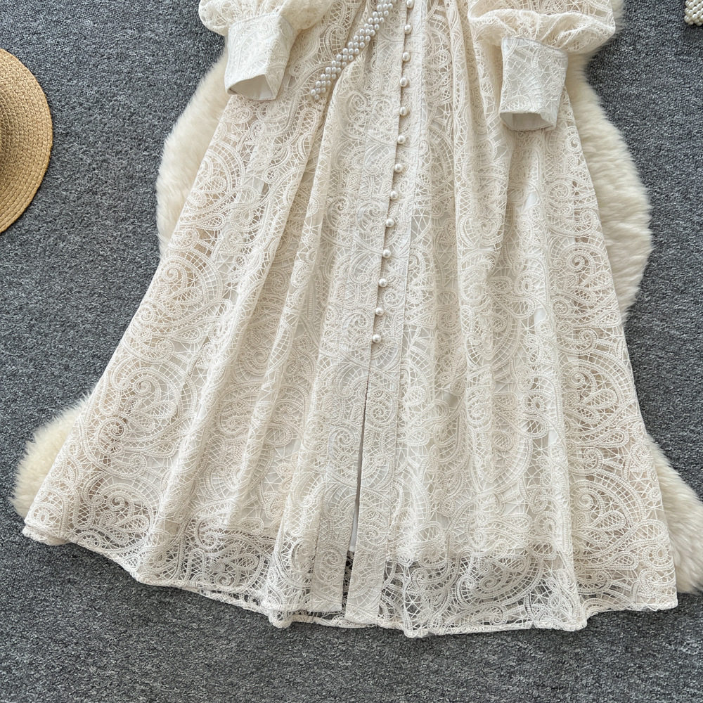 French Elegant V Neck Lace Dress Lantern Sleeves Waist Defining Button Closure Perfect for Formal Occasions