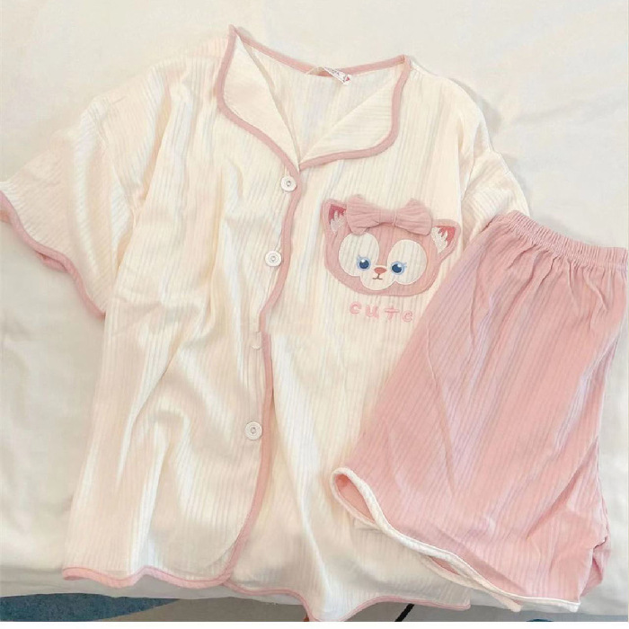 跨境睡衣女夏季短袖短裤玉桂狗刺绣蝴蝶结可爱少女宽松家居服套装