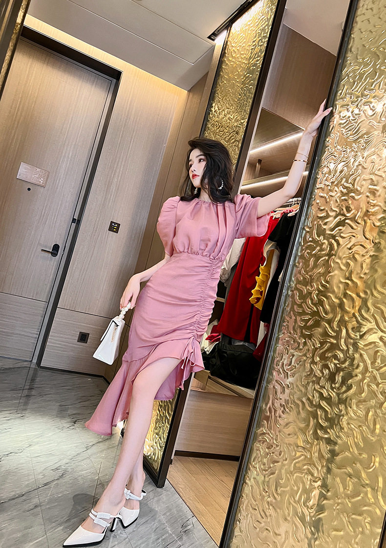Đầm suông nữ midi cổ tròn tay bồng đuôi cá — [Hồng] chi tiết 5