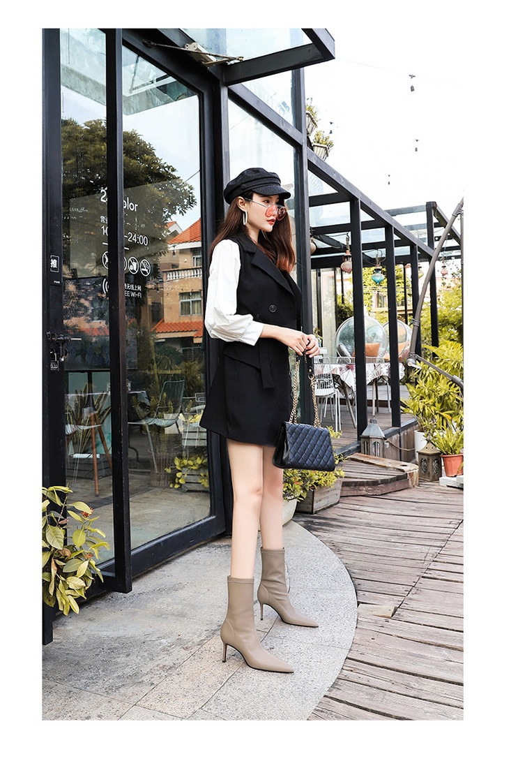 Boot nữ cổ thấp mũi nhọn gót nhọn cao 7.5cm phong cách thanh lịch — Màu đen lót một lớp, Màu đen lót nhung, Màu Kaki lót nhung, Màu Kaki một lớp lót trong