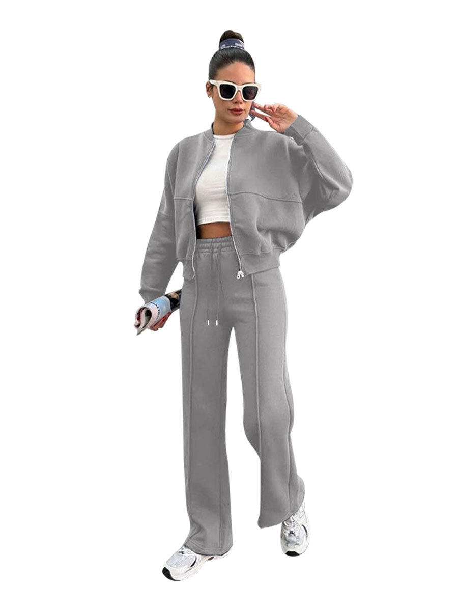 211472 autumn and winter new cross-border Europe and the United States solid color fleece-lined zipper cardigan women's fashion casual straight pants suit