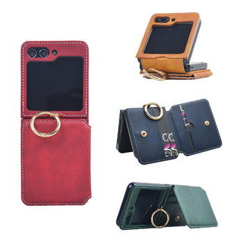 For Samsung Zflip4 leather case card phone case Samsung Zflip5 calf pattern folding screen stand phone case