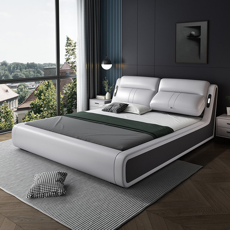 2025 New Model First-Layer Cowhide Master Bedroom Large Bed Multi-Functional Rechargeable Segmented Support Adjustable Backrest Wedding Bed