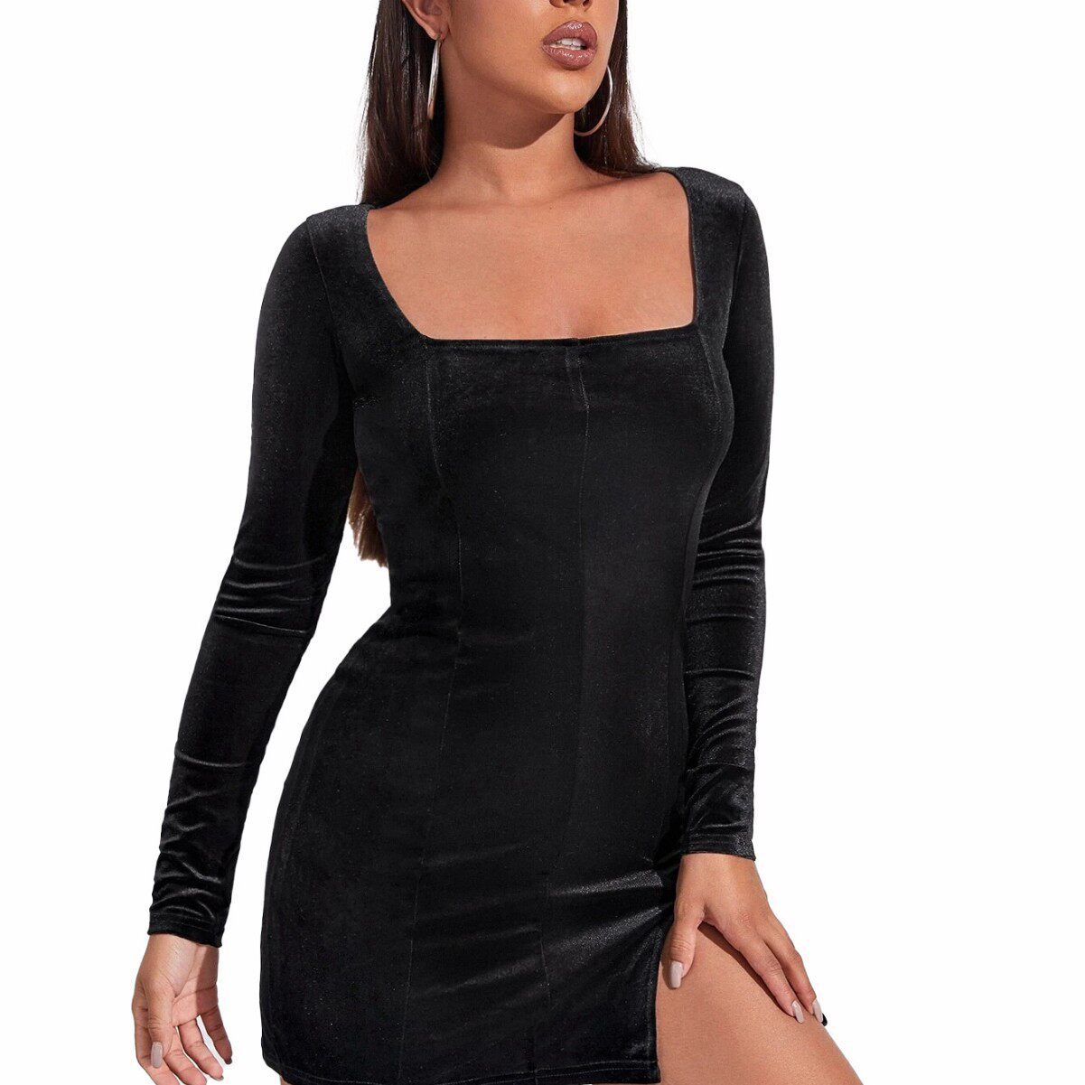 Velvet Bodycon Dress Sexy Split Hem Square Neck Long Sleeve Elegant French Style for Parties Wholesale Available
