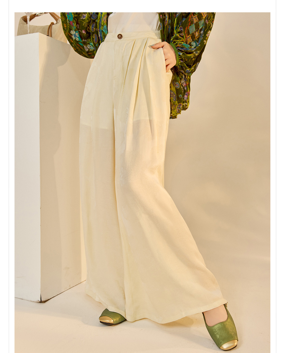 Quần dài ống rộng nữ họa tiết jacquard lụa tơ nhân tạo — Màu trắng nhạt, màu vàng