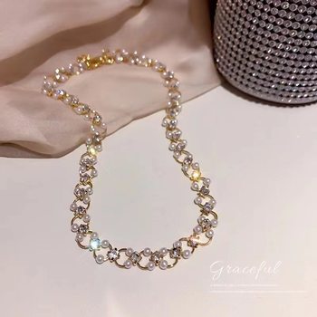 High-end French Pearl and Zircon Short Woven Necklace Women's Fashionable Elegant Personalized Clavicle Chain Cyber Celebrity Necklace Jewelry