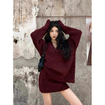 plus size chubby girl Winter New Loose Slimming V-neck Pullover Sweater High Waist Hip Skirt Elegant Two-piece Set for Women
