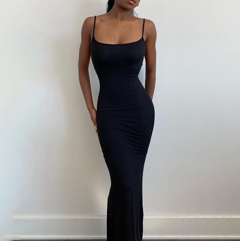 Womens Solid Color Bodycon Maxi Dress Spaghetti Straps Mermaid Hem Peach Butt Lift Elegant Evening Wear Wholesale