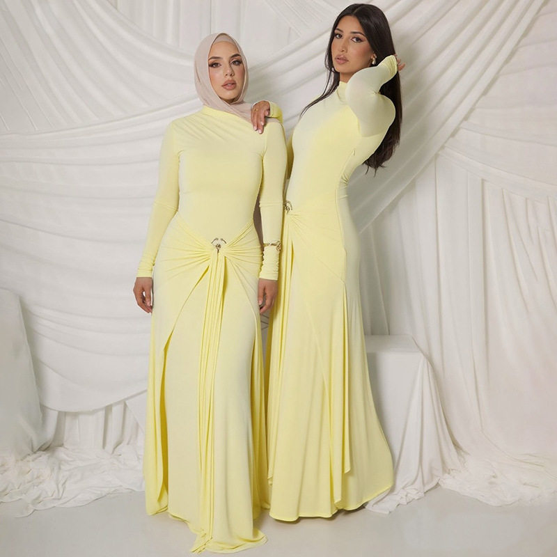 Elegant Long Sleeve Solid Color Maxi Dress with Decorative Ring and Tie Detail for Women Autumn Collection Wholesale Available