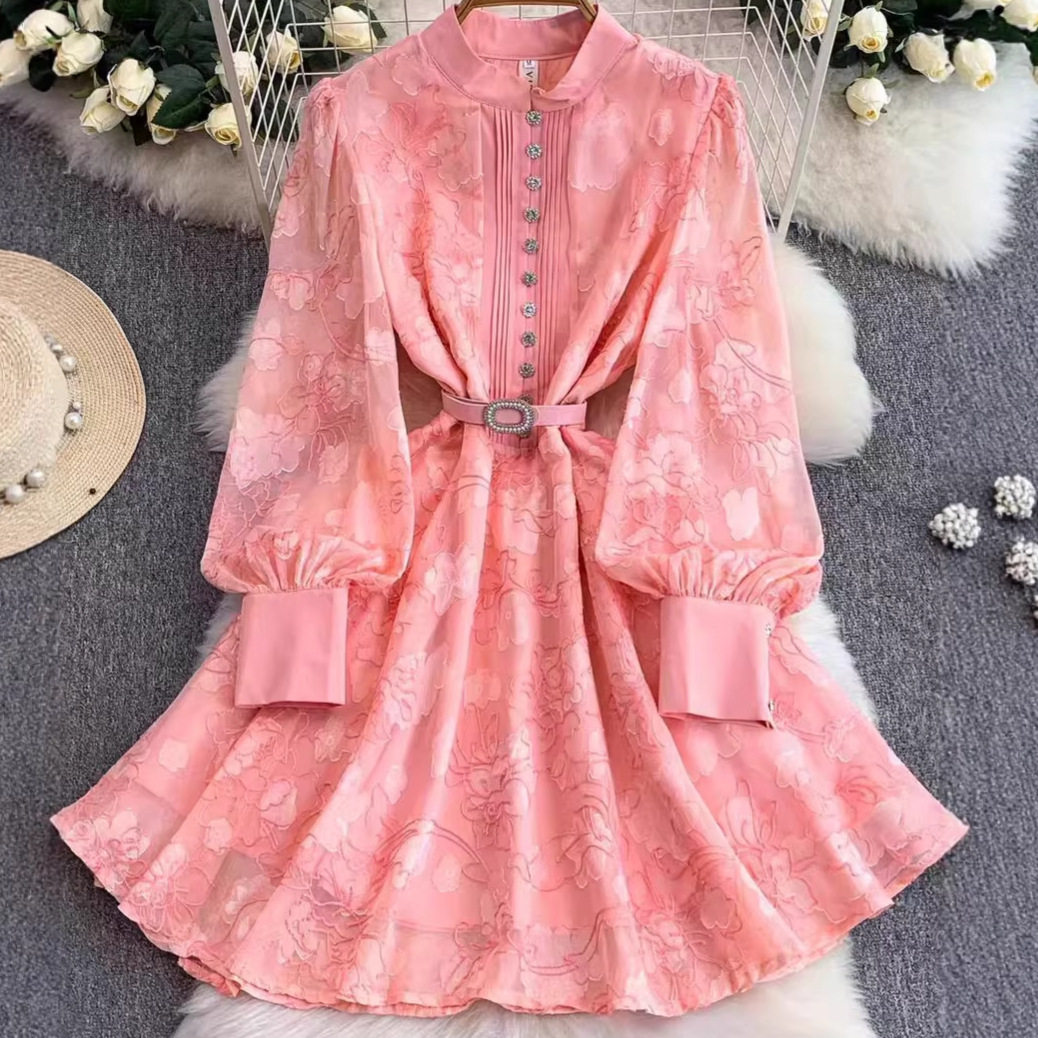 French Style Jacquard Lantern Sleeve Dress Elegant Fit Waist Tie Mid Length Perfect for Early Autumn Wholesale