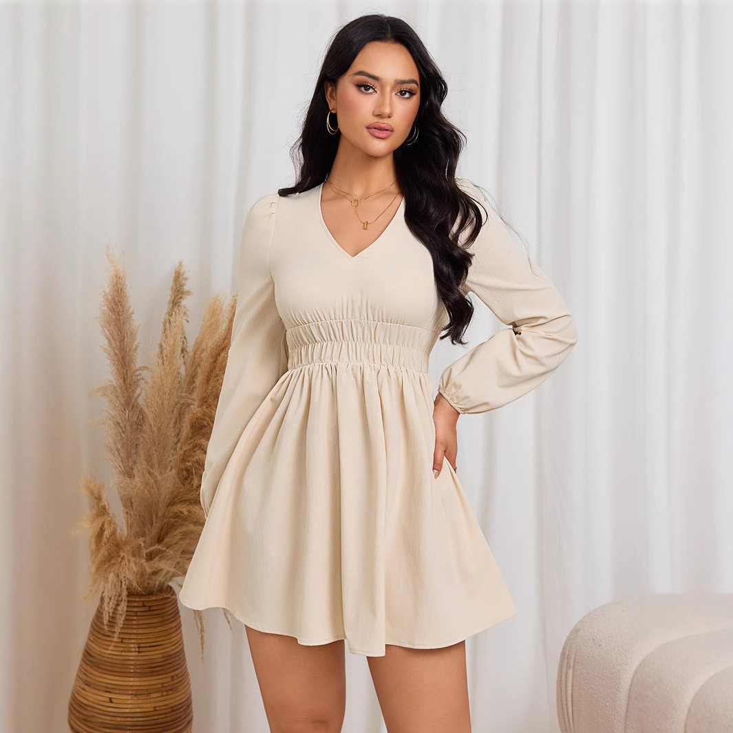 Elegant Womens Dress Versatile Slim Fit V Neck Elastic Waist Spring Summer Style Wholesale Available