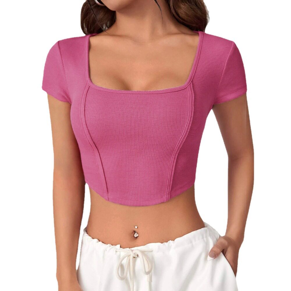 Irregular Square Neck Knit Short Sleeve T Shirt Slim Fit Short Length Stylish Design Casual Wear for Women OEM