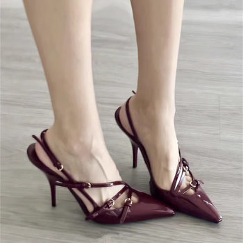 2024 New Style Toe Patent Leather Buckle Strap Cat Heel Sandals Women's Sexy Black Silk Pointed Stiletto Heel High Heels