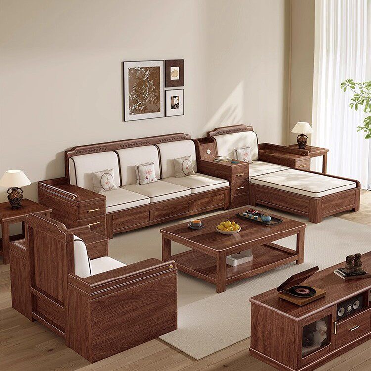 2025新款新中式黑胡桃木实木沙发现代家用冬夏两用大容量储物沙发