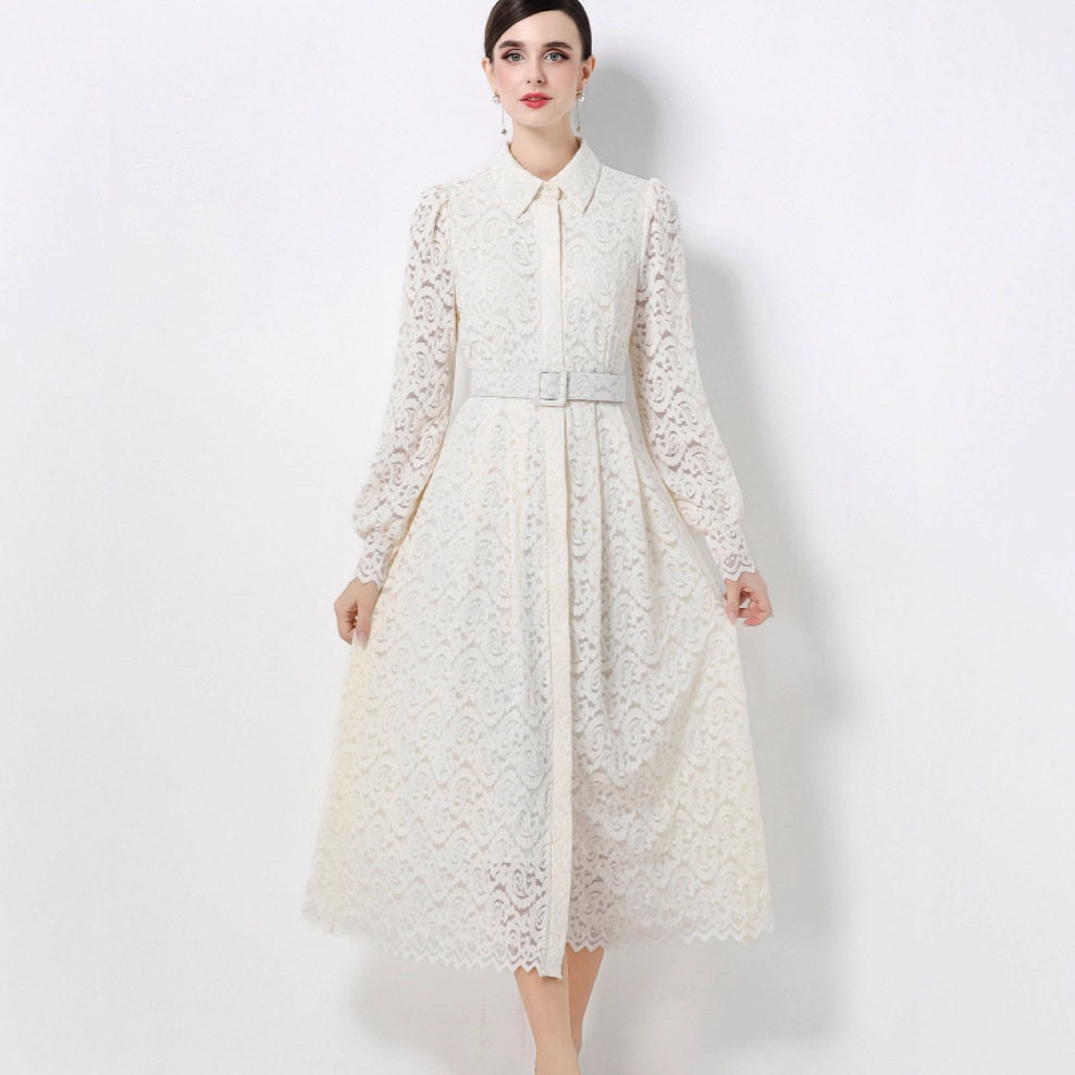Elegant French Vintage Lace Maxi Dress for Women Autumn Style Waist Tie Single Breasted High End Feel Wholesale