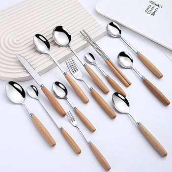 Wooden handle stainless steel western tableware knife and fork spoon suit Japanese steak knife and fork household spoon fork chopsticks wholesale