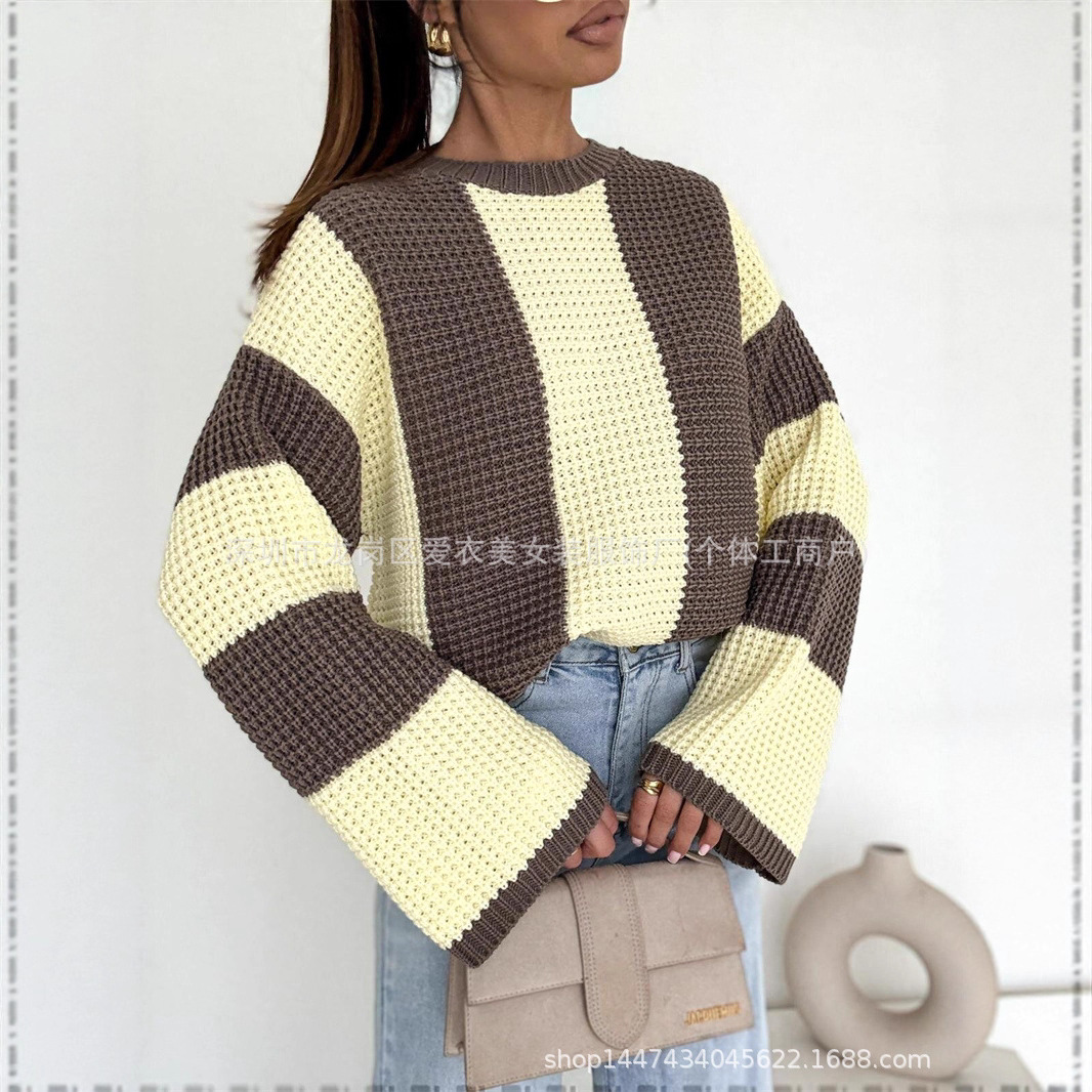 2025wish秋冬女装欧美休闲时尚宽松长袖拼色套头新款毛衣女3色