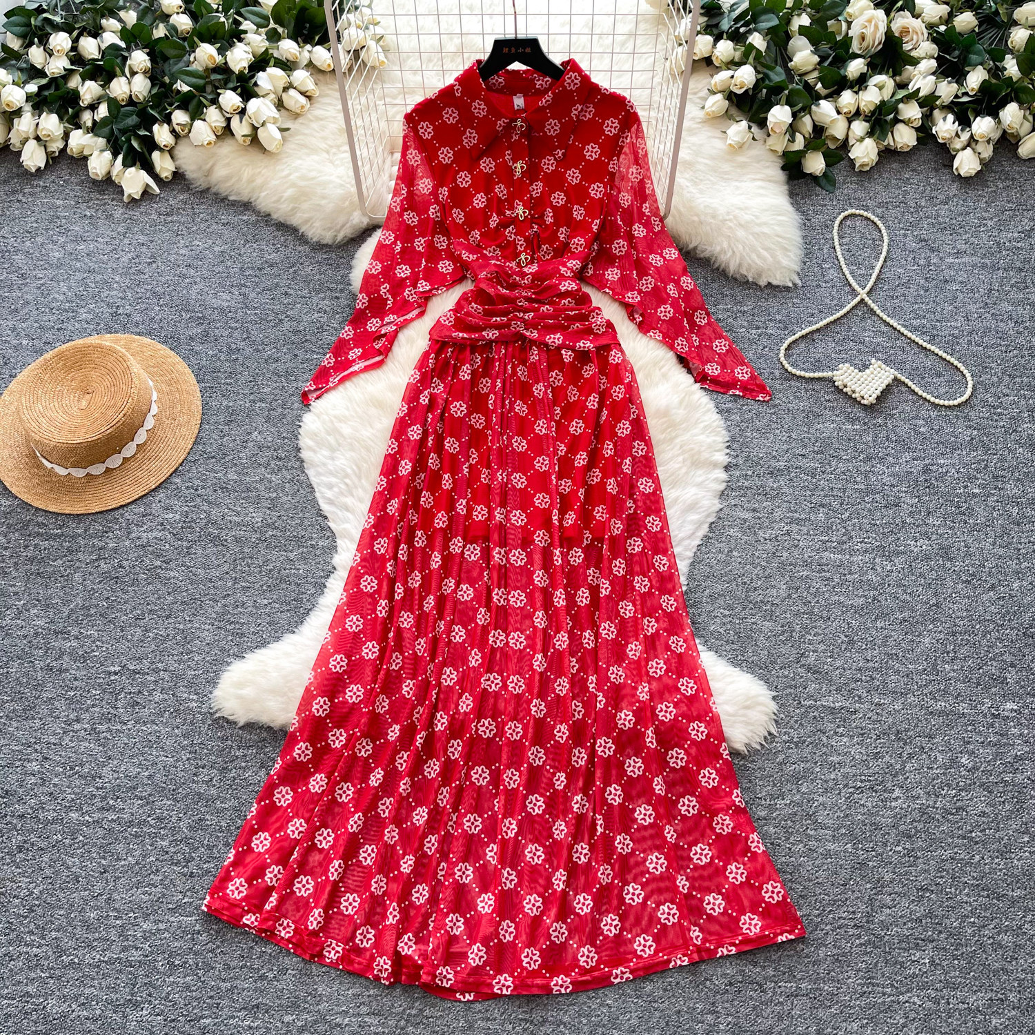 Vintage Polka Dot Maxi Dress for Women Red High Waisted Belted Slim Fit Floral Print Elegant Summer Style