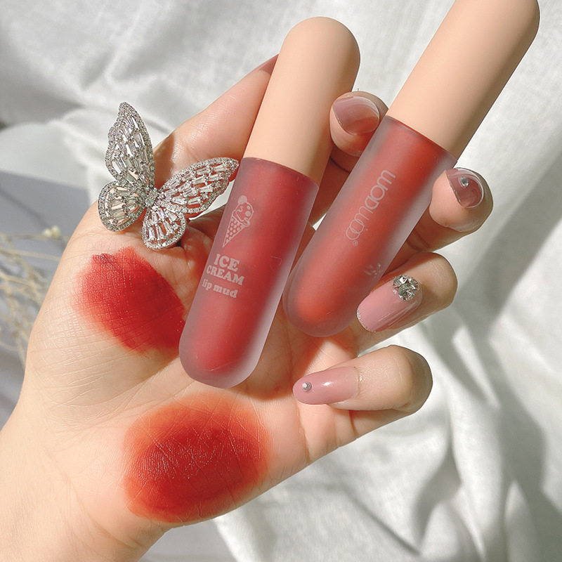 WODWOD Ice Cream Lip Mud Mist Velvet Matte Not Easy to Stick Cup Student Women White Brown Orange Mousse Lip Glaze