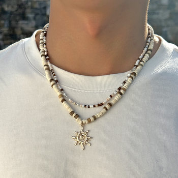 European and American Fashion Coconut Shell Rice Beads Necklace Hip Hop Niche High-class Sun Pendant Double Layer Overlapping Clavicle Chain
