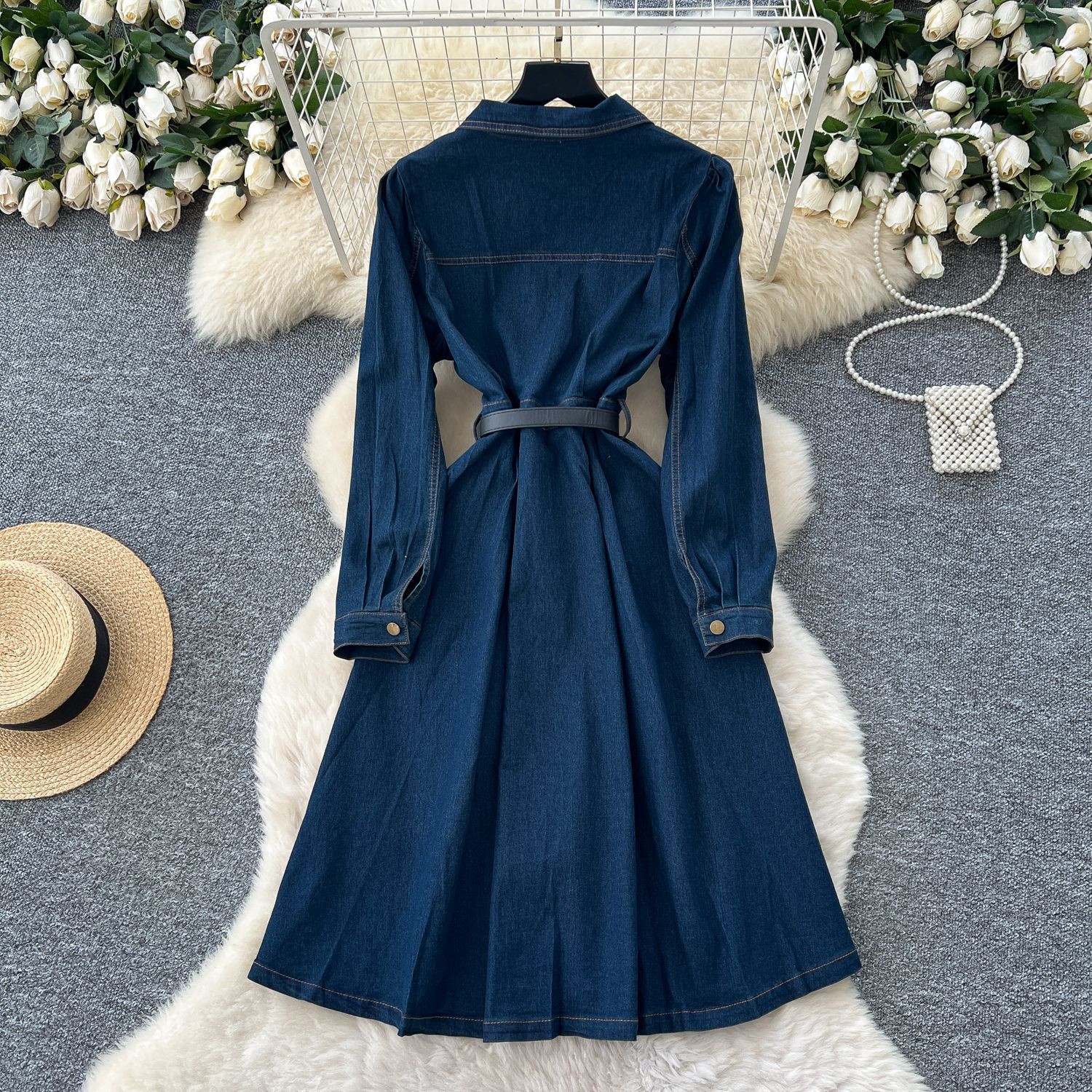 Vintage French Style Long Sleeve Button Up Waist Tie Dress Denim Fabric Retro Collar Elegant Fit Autumn Fashion