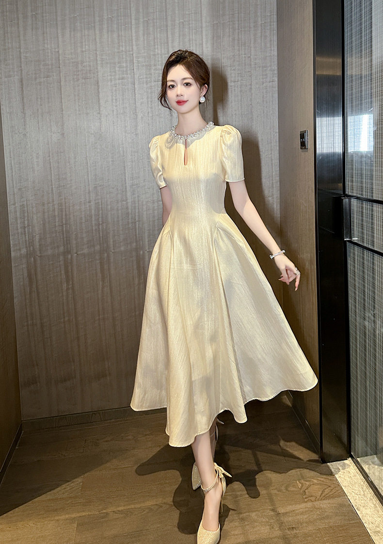 Đầm maxi nữ thắt eo cổ tròn tay ngắn phong cách Pháp — [Màu champagne] chi tiết 9
