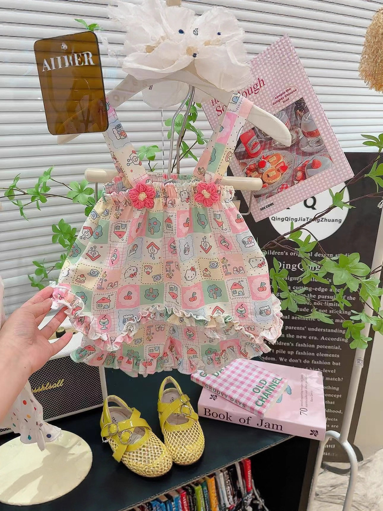 Mädchen-Sommer-Cartoon-Niedliche Rüschen-Wellensaum-Blumen-Tanktop & kurze Trägerrock-Zweiteiliges-Set