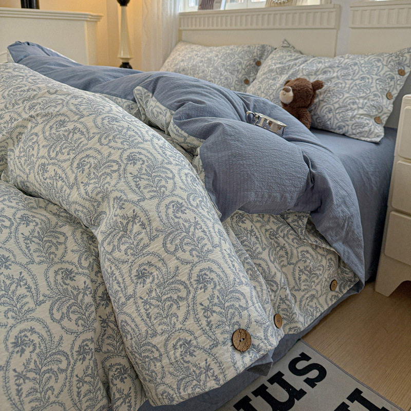 Cotton Raw Linen Four-Piece Set Floral Retro Button Style Pure Cotton Fitted Sheet Single Quilt Cover Dormitory Three-Piece Bedding Set